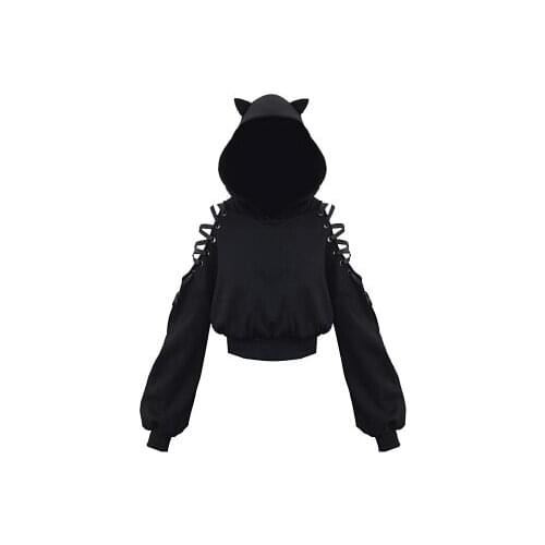 Autumn Winter Velvet Harajuku Sweatshirt Women Punk Gothic Hoodies Hollow Out Lace up Long Sleeve Cute Cat Ear Hoodies