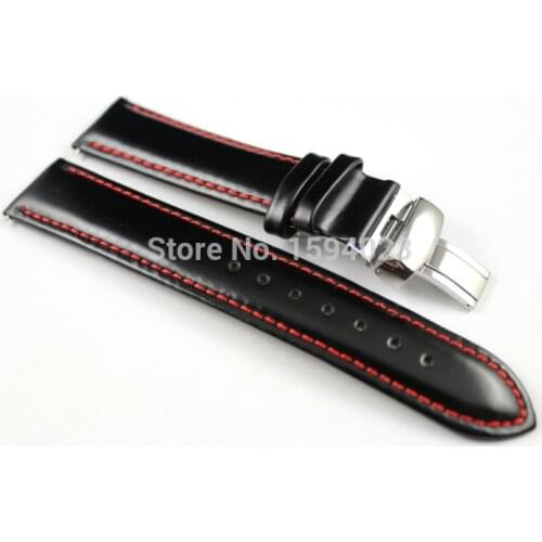 19mm (Buckle18mm) PRC200 T067417A High Quality Silver Butterfly Buckle + Black Genuine Leather Red Line Watch Bands Strap