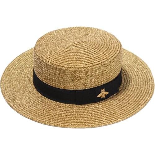Ladies Sun Fedora Hats Small Bee Straw Hat European and American Retro Gold Braided Hat Female Sunshade Flat Cap Visors Hats RH