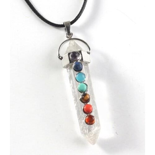 Trendy-beads Silver Plated Natural Rock Crystal Hexagon Column 7 Stone Beads Healing Chakra Pendant Fashion Jewelry
