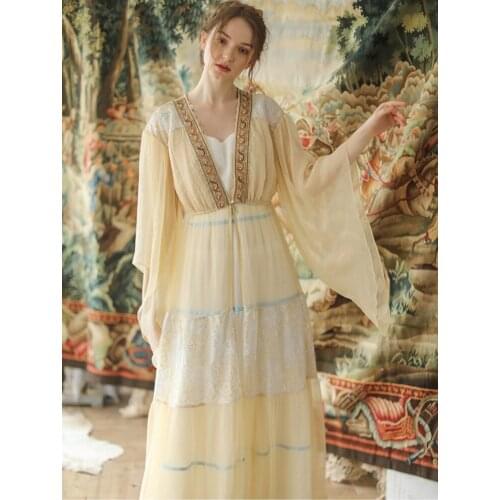 Spring Summer Long Blouses Women Mori Girl Elegant Slim Beading Sequins Casual Loose Lace Patchwork Chiffon All-Match Overall