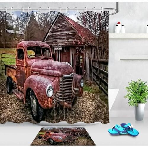 Rustic Farmhouse Bath Curtain Retro Red Truck Cars Wooden Barn Waterproof Polyester Fabric Shower Curtain for Bathroom Decor
