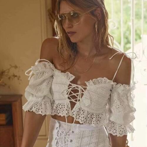 Summer New Sexy Embroidered Hollow Out Straps Slash Neck One-Shoulder Lace Cotton Blouse Women Top
