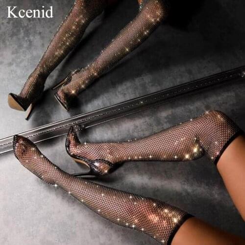 Kcenid Bling bling over the knee stretch socks boots women sexy pointed toe crystal mesh ladies shoes high heels summer boots