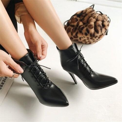 PXELENA Sexy Office Lady Ankle Boots Women Thin Stiletto High Heels Pointed Toe Dress Party Female Winter Boots Black White Red