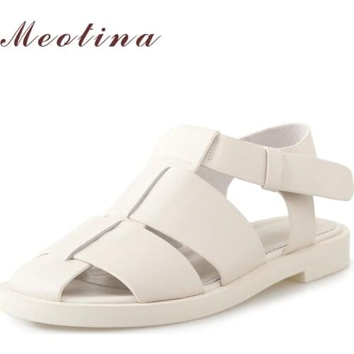 Meotina Women Sandals Genuine Leather Gladiator Shoes Round Toe Flat Heels Sandals Summer Buckle Strap Ladies Footwear Black 40