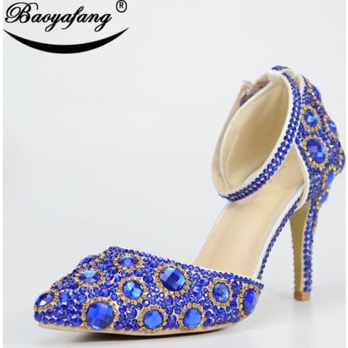 BaoYaFang Womens wedding shoes Summer Female Party Sandals Royal Blue crystal ankle strap shoes woman Pointed toe High shoes