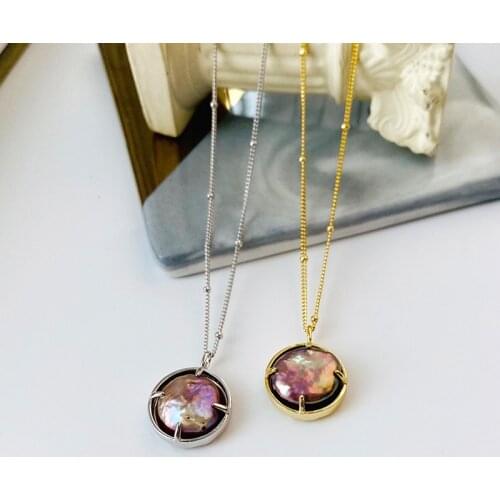 Silvology 925 Sterling Silver Natural Abalone Pearl Pendant Necklace for Women Round Chic Light Luxury Necklace Office Jewelry