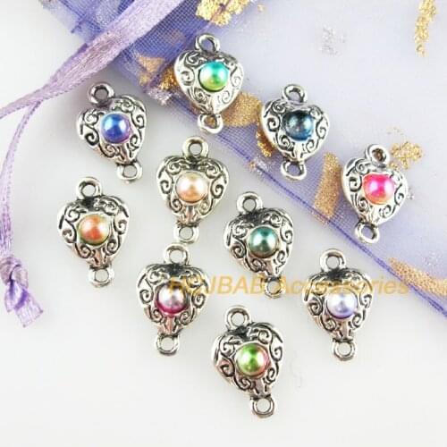 20 New Heart Charms Mixed Acrylic Flower Connectors Tibetan Silver Tone 10x15mm