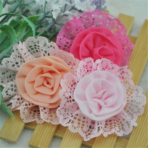 6pcs Mix Lace/Chiffon Rose Flowers Crafts DIY Sewing Appliques 80mm B202