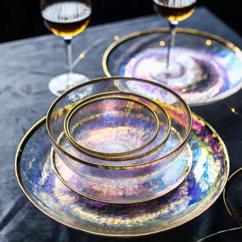Home Light Luxury Salad Plate Rainbow Glass Dinner Plates Cake Dish Salad Bowl Fruit Bowl Food Storage Glassware Dinnerware