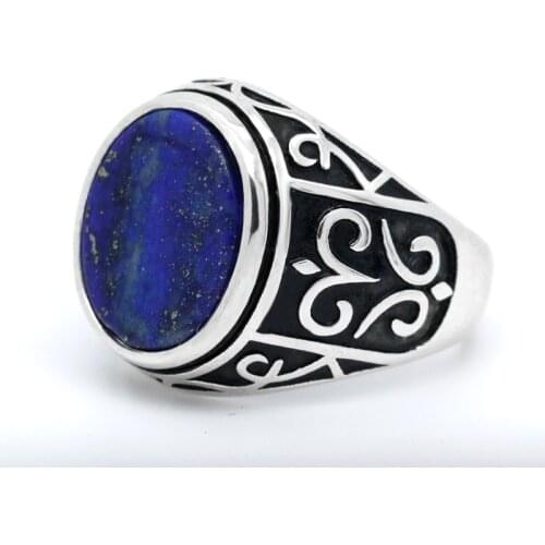 Lapis Lazuli Stone Mens Ring Real 925 Sterling Silver Flat Natural Blue Gemstone Carving Male Women Turkish Lucky Jewelry Gift