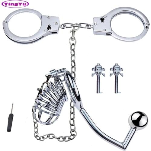 Metal Bdsm Set Cock Cage Penis Ring With Bondage Handcuffs Anal Hook Chastity Device Lock Butt Anal Plug Adult Sex Toys For Men
