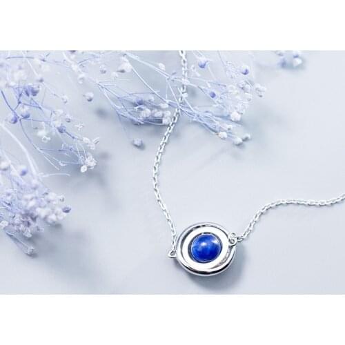 MloveAcc Fashion 925 Sterling Silver Necklace Round Double Circles Pendant Long Chain Necklace with Blue Stone Bead for Women