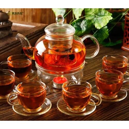 14pcs/set teapot Set 6pcs Cups 6pcs saucers 1pc 600ml Heat-resistant Glass Teapot 1pc warmer Drinkware Set Hot Sale JO 1051-2