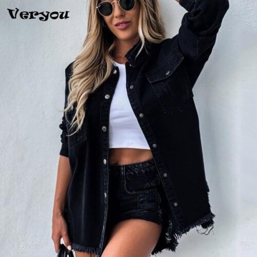 2021 Fall New Womens Long Sleeve Denim Coat Fashion Ripped Mid-length Jeans Buttons Shirt Tops Boyfriend Loose Shirts S-XL