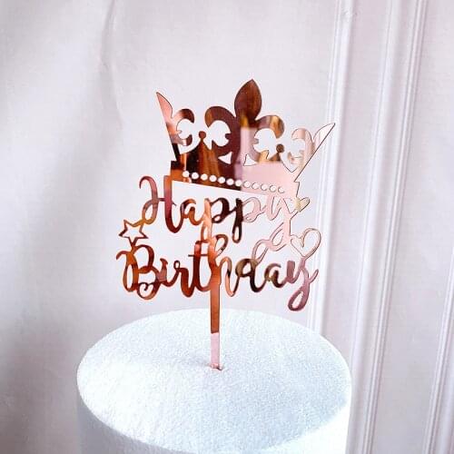 New Acrylic Rose Gold Happy Birthday Cake Topper Pink Gold Mirror Acrylic Cake Topper For Girls Birthday Party Cake Decorations