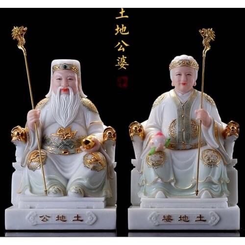 A pair TOP gilding jade TU DI GONG PO BUDDHA figure HOME shop Prosperity protection God of wealth CAI SHEN YE FENG SHUI statue