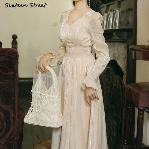 New Elegant Party Dresses for Woman Long Sleeve Apricot V-neck Maxi Dress Vestido Button High Waisted Vintage Dress Fall