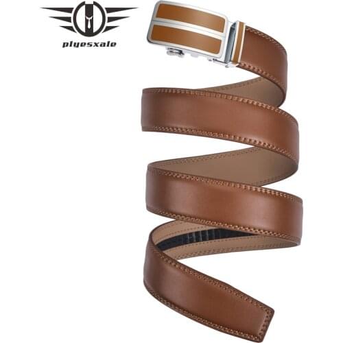 Plyesxale Luxury Men Brown Casual Formal Belt No Holes Adjustable Genuine Leather Ratchet Belts With Automatic Buckle Cinto B124