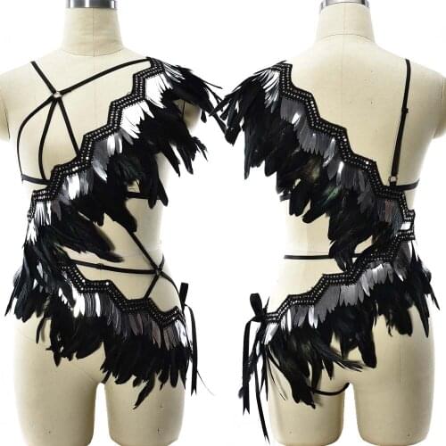 JLX.HARNESS Sequins Feather BodySuit Body Harness Belt Dance Goth Sexy Lingerie Rave Bohemia Clothes Gypsy Bondage Harness