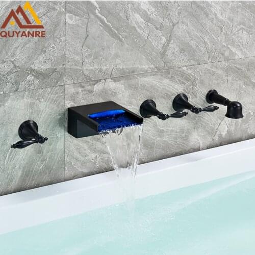 Quyanre Wall Mounted Blackend LED Waterfall Bathtub Faucet Widespread Tub Sink Faucet With Handshower Bathroom Shower Faucet Tap