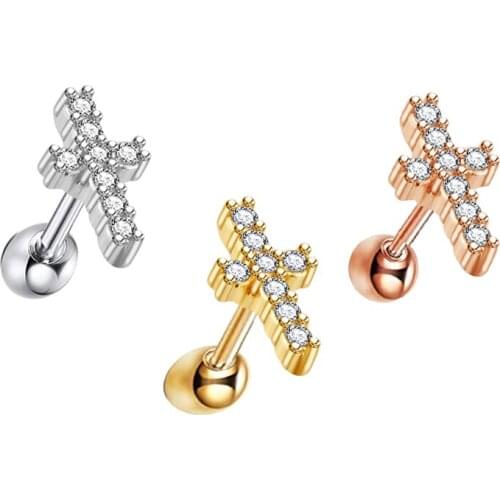 TIANCIFBJS Stainless Steel 16G Body Jewelry Ear Piercing Cross Zircon Earrings Cartilage Screw Daith Jewelry Tragus Rose Gold