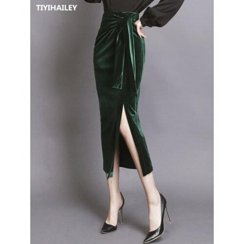TIYIHAILEY Free Shipping 2020 New High Waist Long Mid Calf Women S-2XL Autumn And Spring Velvet Stretch Bandage Slit Skirts