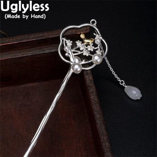 Uglyless Early Bird Best Match for Chinese HAN Clothes Magnolia Floral Hair Jewelry for Women 925 Silver Hair Sticks Jade Pearls