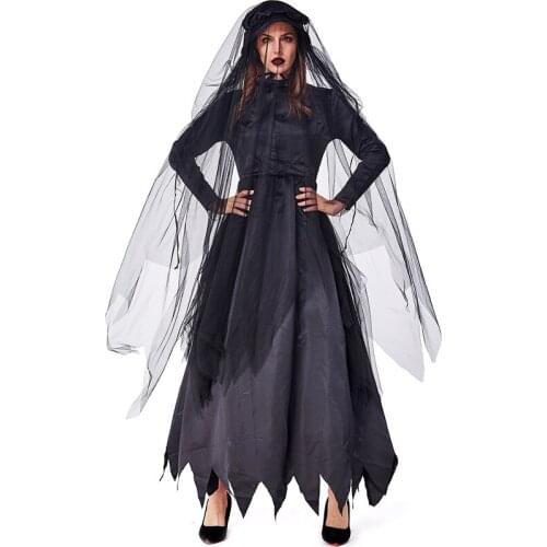 Umorden Halloween Scary Ghost Zombie Bride Costume for Women Black Dress with Veil