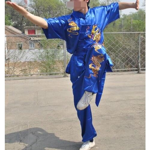 Unisex customize changquan embroidery dragon kung fu martial arts uniforms clothing performance wushu suits blue