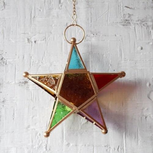 Vintage Star Hanging Lantern Candle Holder Moroccan Lamp Decor Crafts Iron Colorful Glass Wind Lamp Garden Terrace Decoration