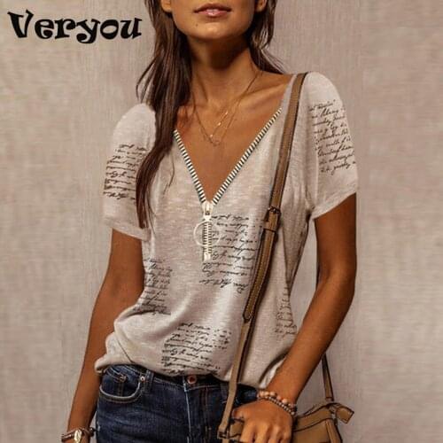 New Women Short Sleeve Shirt Summer Tops Ladies Zip Up V Neck Letter Print Shirt Women Casual Tshirt Fashion Women Streetwear