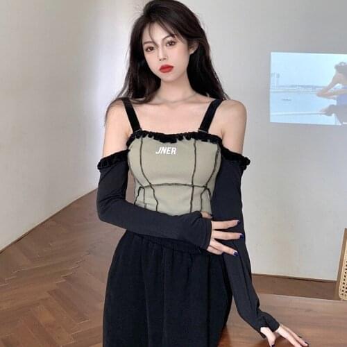 Womens t-Shirts Slash Neck Tshirt Stitching Sexy Umbilical Sling Knitted One Size Tee Top