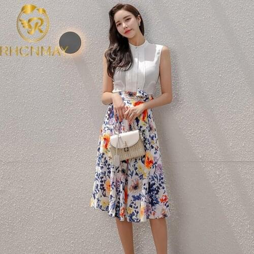 Women Summer 2 Pieces Suits 2020 New White Sleeveless Shirts Top And Lace-up Print Skirts OL Casual Work Wear Set