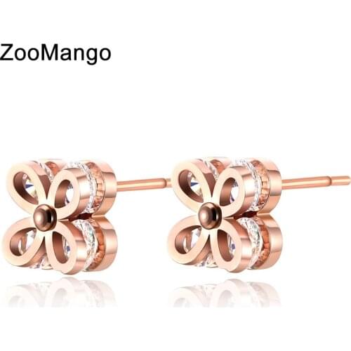 ZooMango Stainless Steel Small Flower CZ Crystal Stud Earrings For Women Wedding Fashion Lady Party Cocktail Rose Gold ZE17090