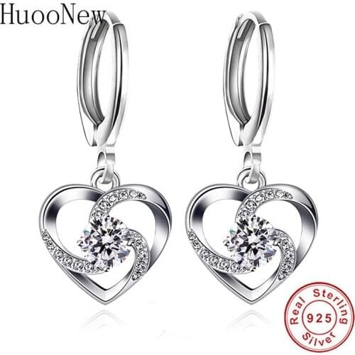 925 Sterling Silver Spiral Love Forever Heart Zirconia Crystal Bead Hoop Earring Piercing Pendientes Boucles Doreilles For Women