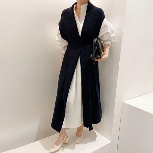 Korean Style Two Piece Set Autumn Women Chic Loose Puff Sleeve Shirt Dress + V-neck Knitted Vest Sweat Suits Female 2 Piece Sets