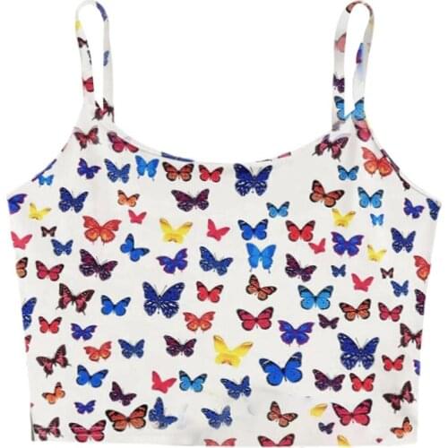 Women Sleeveless Crop Top Multicolor Butterfly Print Spaghetti Strap Camis Vest A0NF