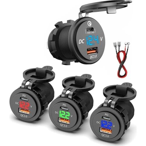 12V-24V Car Cigarette Lighter Motorcycle Dual USB Charger PD Quick Charge Chargers Socket Adapter With LED Voltmeter And Cable