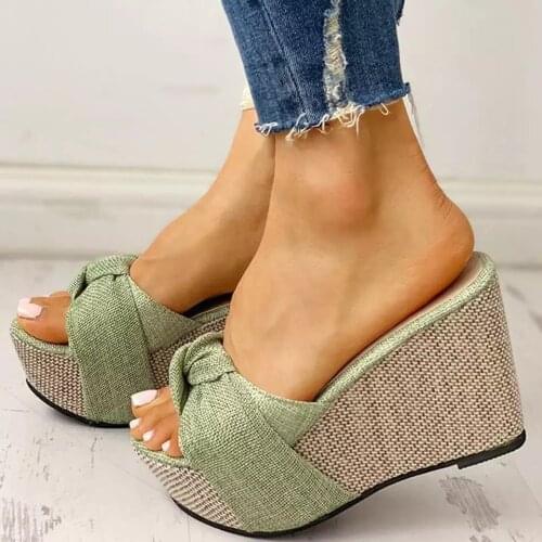 Comemore New 2021 High Heels Bow Casual Platform Summer Shoes Women Wedges Heel Womens Sandals Thick Bottom Flip-flops Slippers