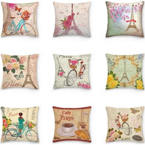 Eiffel Tower And Bicycle Pattern Pillowcase Vintage Postcard Printed Cushion Cover Sofa Car Pillow Case Bedroom Decor 45x45cm