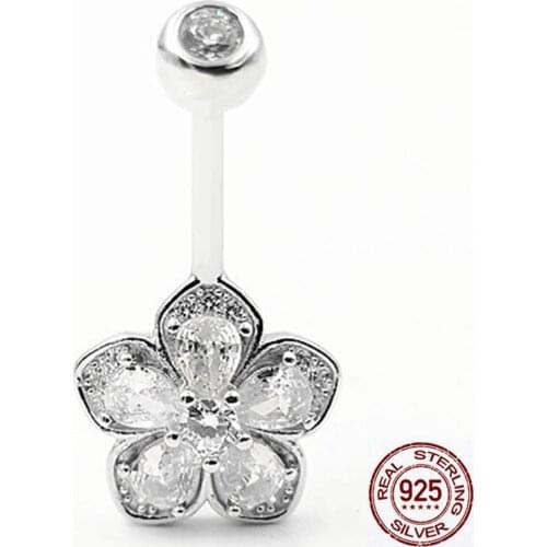 Zircon stone Floral belly button ring navel piercing jewelry for women 925 sterling silver boby bar piercing hyboallergenic