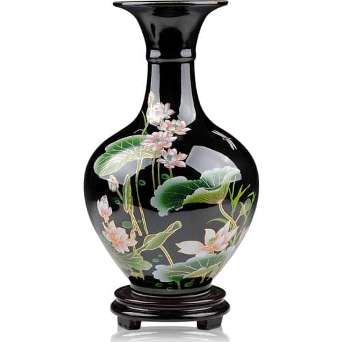 Jingdezhen Sharply Glaze Black Ceramic Vase Lotus Pattern For Modern Home Sitting Room Adornment