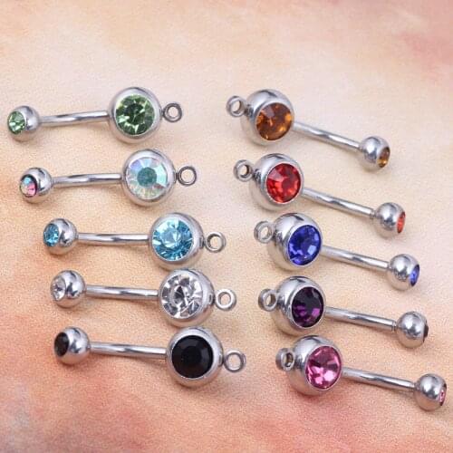 Double Rhinestone Gems Stainless Steel Belly Button Piercing Ring with Charm DIY O ring 10 color 100pcs Body jewelry