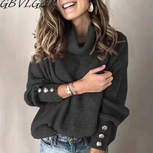 GBVLGAR 5XL Plus Size Womens Turtleneck Sweater Solid Color Loose Women Jumper With Buttons Casual Ladies Sweater Female 2021