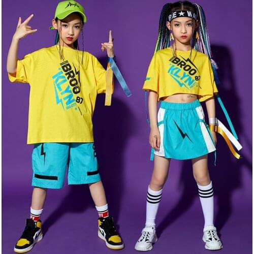 Childrens Jazz Dance Costume Loose Hip Hop Clothes Yellow Tops Short Sleeve Street Wear Modern Dance Performance Costume BL6137