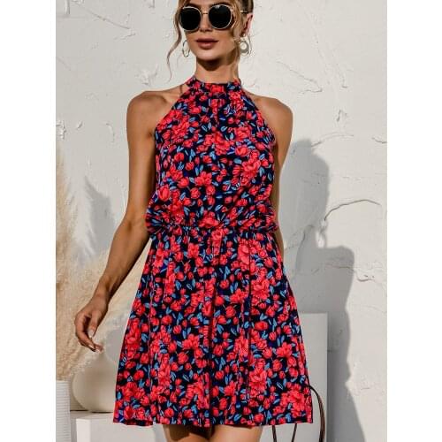Sexy Sun Skirt Summer Floral Mini Dress Female Backless Sleeveless Beach Skirt Bohemian Short Female Holiday Party Female Red