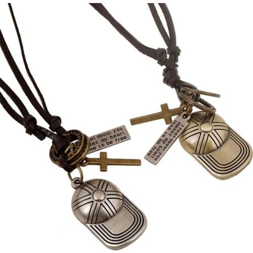 Fashion Vintage Chain Necklace Alloy Retro Baseball Cap Cross Pendant Black Leather Charm Choker Women Men Children Jewelry Gift