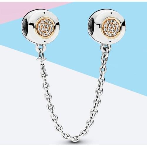 Real 100% 925 Sterling Silver Beads Sparkling Safety Chain CZ Charms fit Original Pan Bracelets Women DIY Jewelry